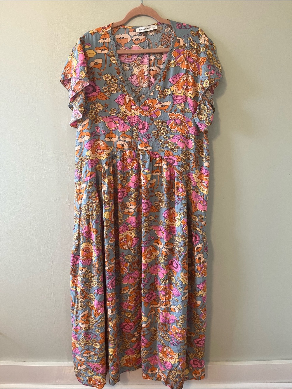 Boho Floral Maxi Dress in Gray with Pink & Orange Flowers - Rusttydustty